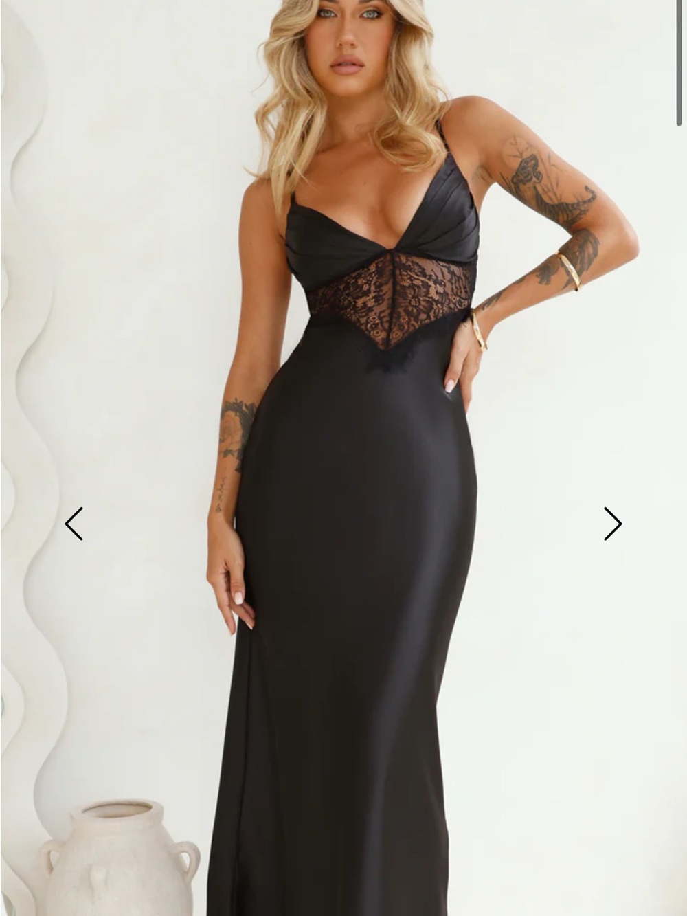 Hello Molly Black Satin Midi Dress with Lace
